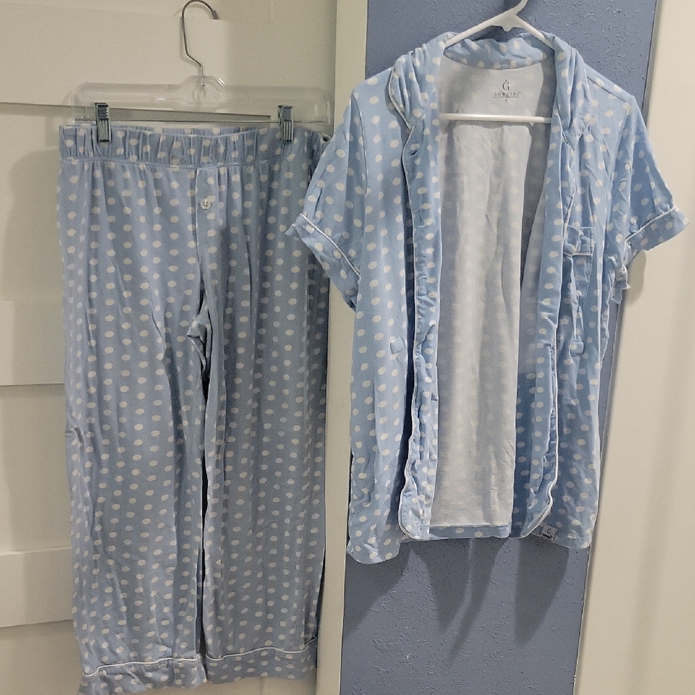 Blue and White Pajama Set with Kimono Top
